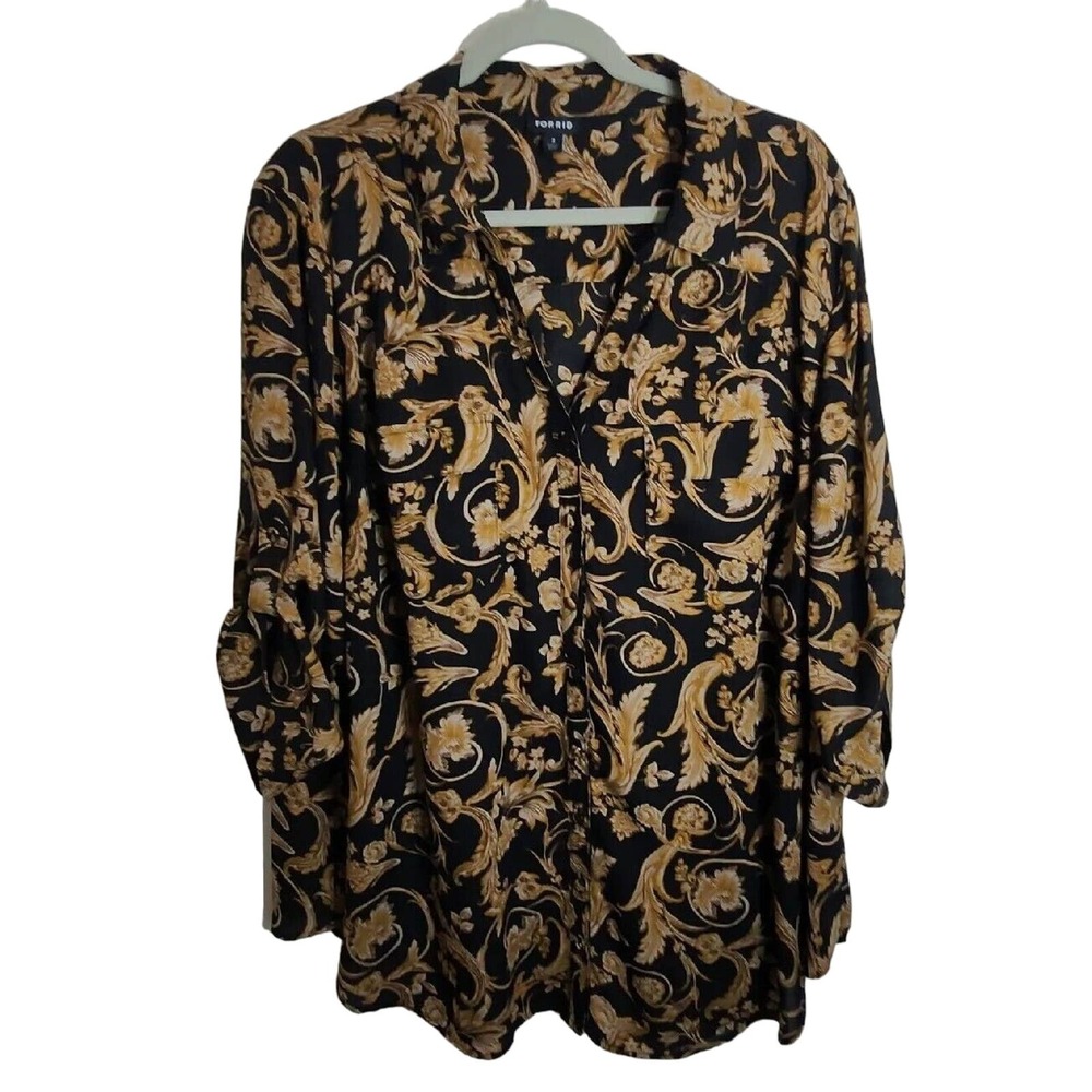 Torrid Button Down Shirt Womens 3 Black Gold Baroque Scroll Roll Tab Sleeve